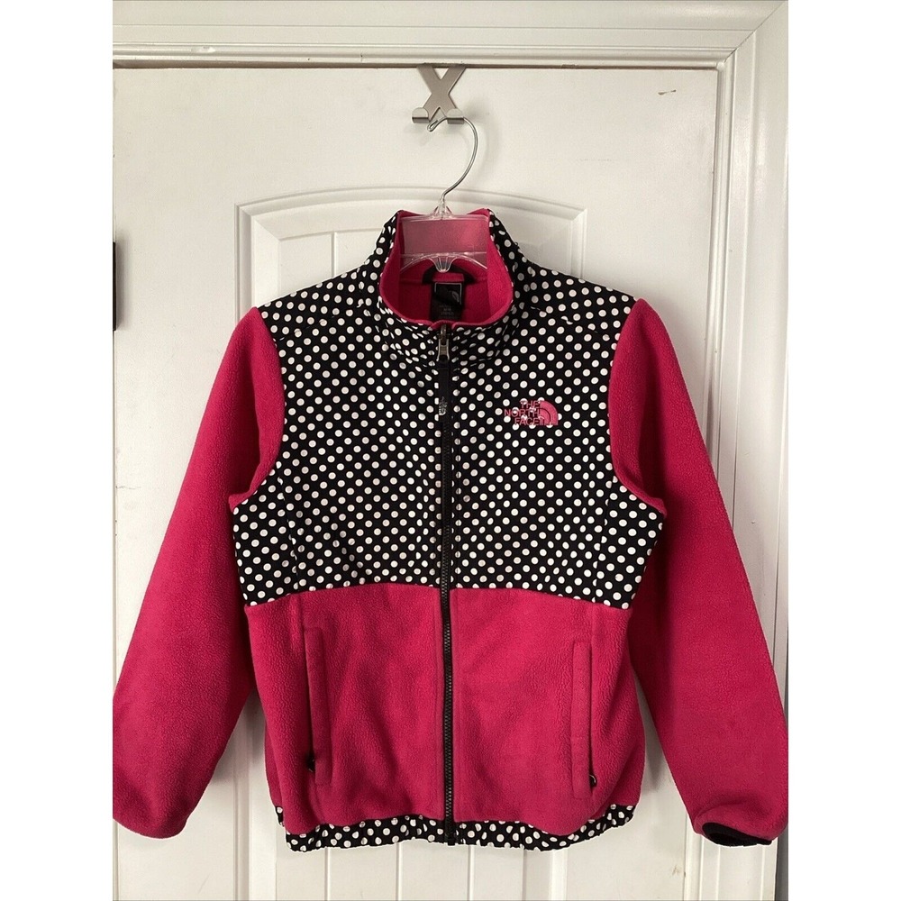 North Face Girls Pink BLACK & PINK POLKA DOT Fleece Jacket Coat SZ M (10/12)